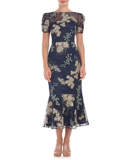 JS Collections Hope Floral Embroidered Flounce Hem Dress in Navy/Jade at
