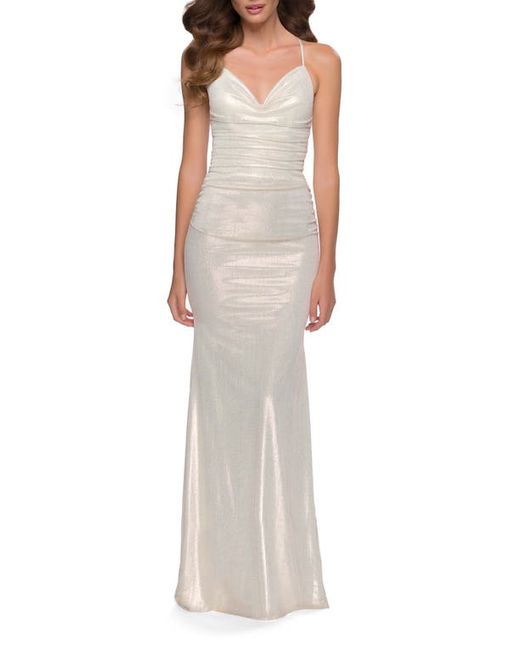 La Femme Ruched Jersey Gown in Gold at