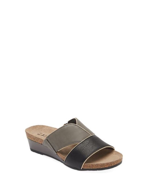 Naot Tiara Wedge Sandal in Soft Black/Foggy Grey Leather at