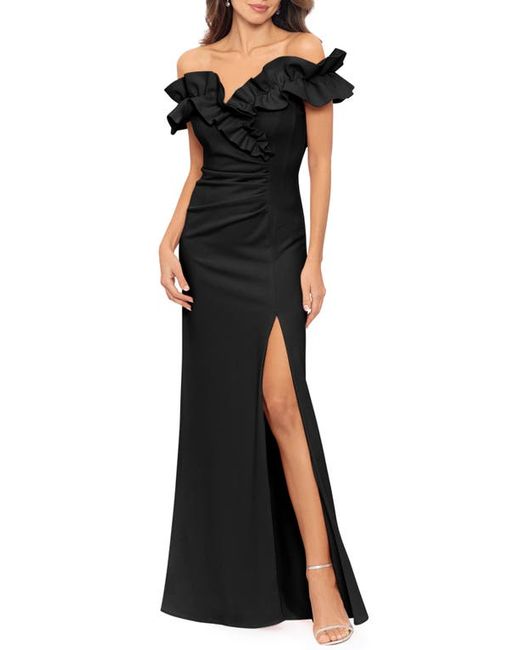 Xscape Ruched Ruffle Scuba Gown in at