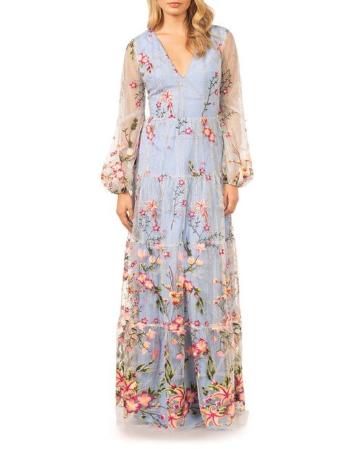 Dress the population Lyra Floral Embroidery Long Sleeve Tulle Gown in at