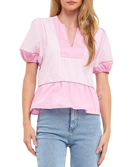 English Factory Contrast Stripe Puff Sleeve Top in at