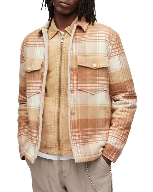 AllSaints Sacco Plaid Fleece Lined Cotton Shirt Jacket in Ecru/Camel at