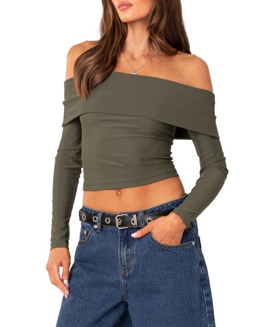 Edikted Brea Foldover Off the Shoulder Long Sleeve Crop Top in at