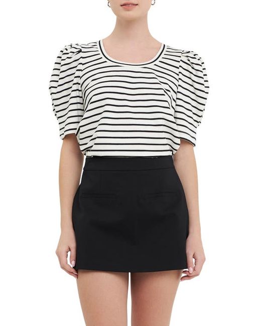 English Factory Stripe Pleated Puff Sleeve T-Shirt in Black at