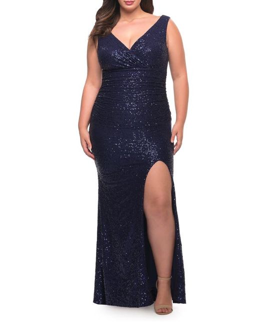 La Femme Ruched Stretch Sequin Gown in at