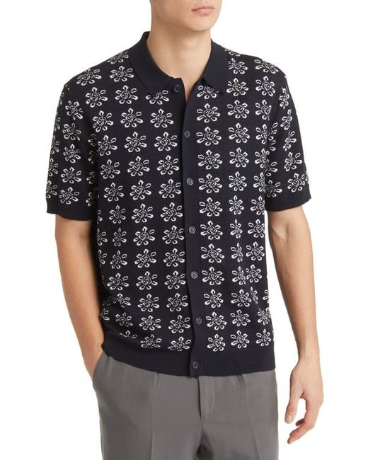Wax London Intarsia Floral Short Sleeve Button-Up Cotton Sweater in Midnight/Ecru at