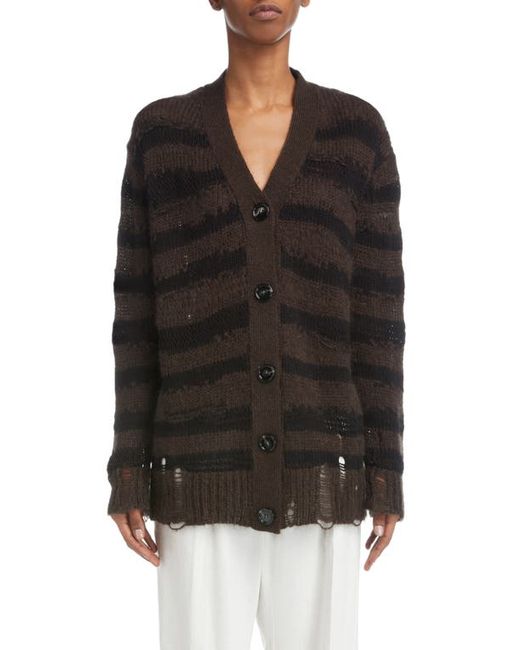 Acne Studios Koliva Distressed Stripe Cotton Mohair Blend Cardigan in Warm Charcoal Grey/Black at