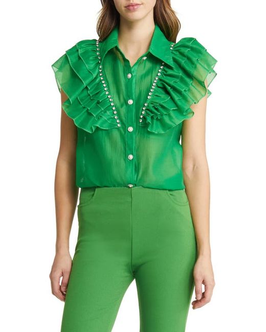 Nikki Lund Holly Rhinestone Ruffle Button-Up Blouse in at