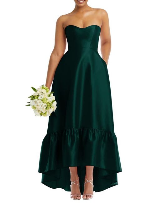 Alfred Sung Strapless Ruffle High-Low Satin Gown in at