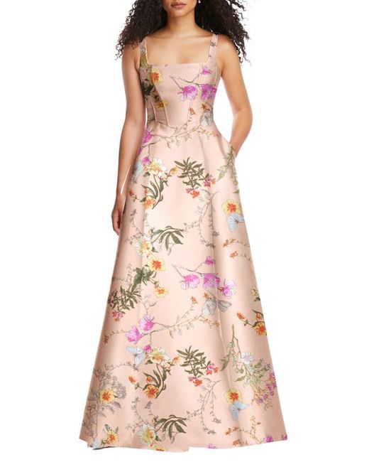 Alfred Sung Floral Corset Satin Gown in at