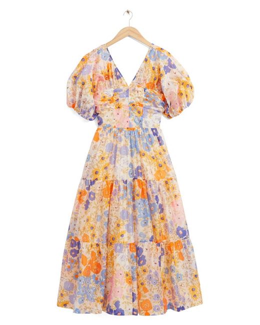 Other Stories Floral Print Puff Sleeve Dress in Yellow/Blue Multi Flower at
