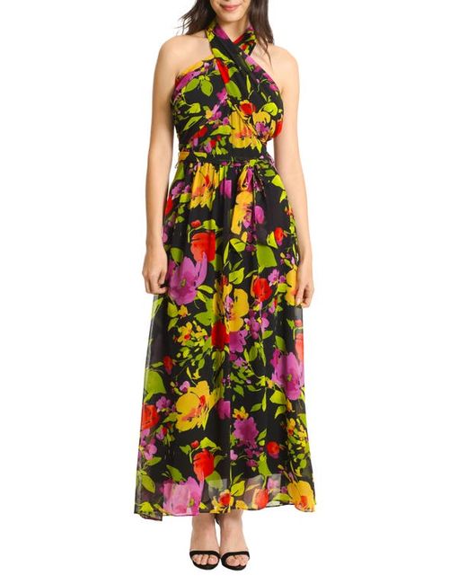 Maggy London Floral Tie Waist Halter Neck Maxi Dress in at