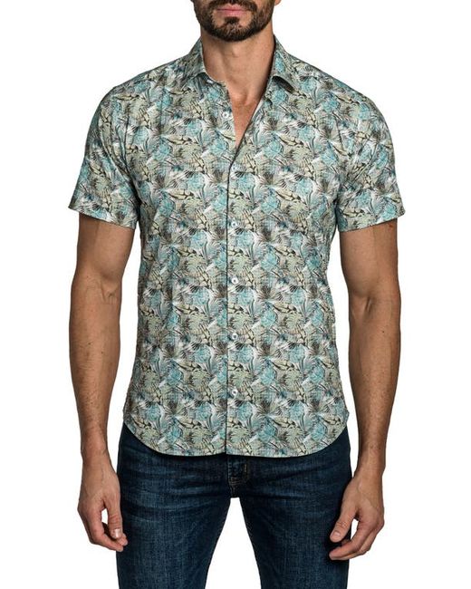 Jared Lang Trim Fit Tropical Print Short Sleeve Cotton Button-Up Shirt in at