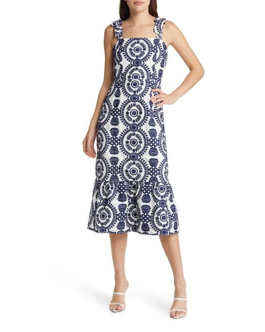 Adelyn Rae Layla Embroidered Cotton Midi Dress in White/Navy at