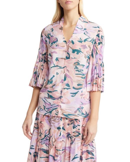 Misook Floral Print Pleated Bell Sleeve Top in Rose/Multi at