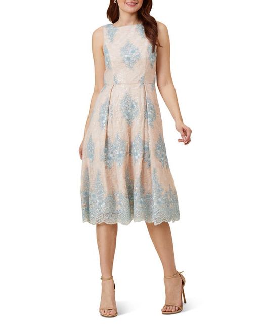 Adrianna Papell Floral Embroidered Midi Fit Flare Dress in Light Blue at