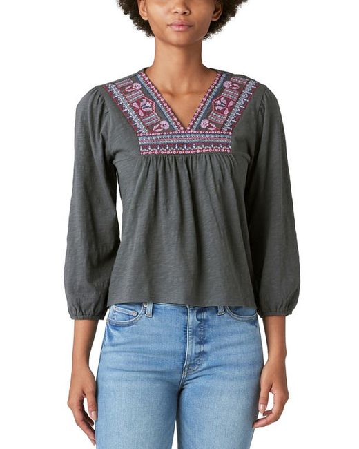 Lucky Brand Embroidered V-Neck Cotton Blend Peasant Top in at