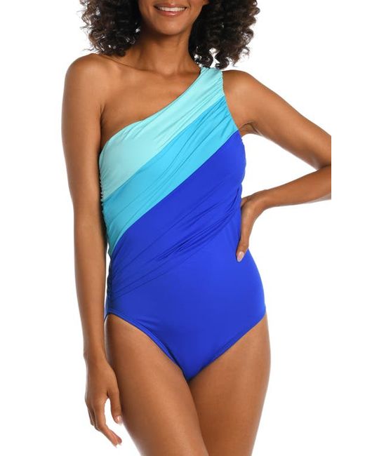 La Blanca Island Goddess Ruched Colorblock One-Shoulder One-Piece Swimsuit in at
