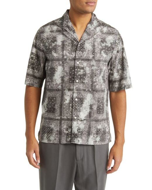 Officine Generale Eren Tie Dye Bandana Print Short Sleeve Button-Up Camp Shirt in Dark Grey/Grey/White at