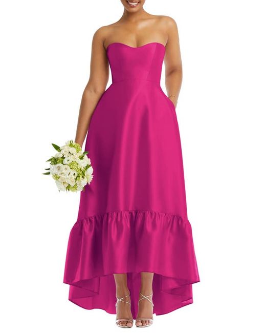 Alfred Sung Strapless Ruffle High-Low Satin Gown in at