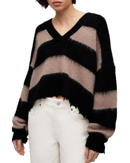 AllSaints Lou Stripe Crop Sweater in Black/Putty at