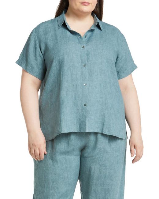 Eileen Fisher Classic Collar Short Sleeve Organic Linen Button-Up Shirt in at
