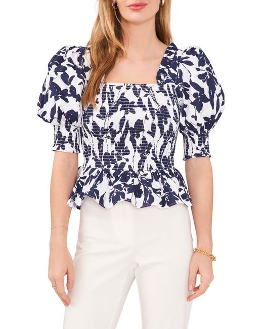 Chaus Floral Smocked Puff Sleeve Cotton Top in White/Navy at