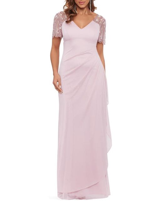 Xscape Beaded Sleeve Ruched Column Gown in at