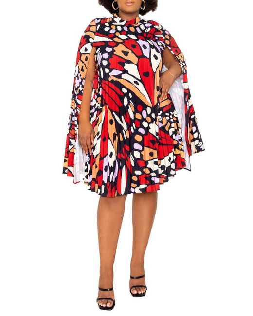 Buxom Couture Butterfly Print Pleated Cape Minidress in at