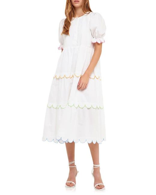 English Factory Contrast Scalloped Trim Cotton Midi Dress in at