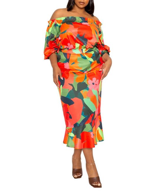 Buxom Couture Floral Off-the-Shoulder Fit Flare Dress in at
