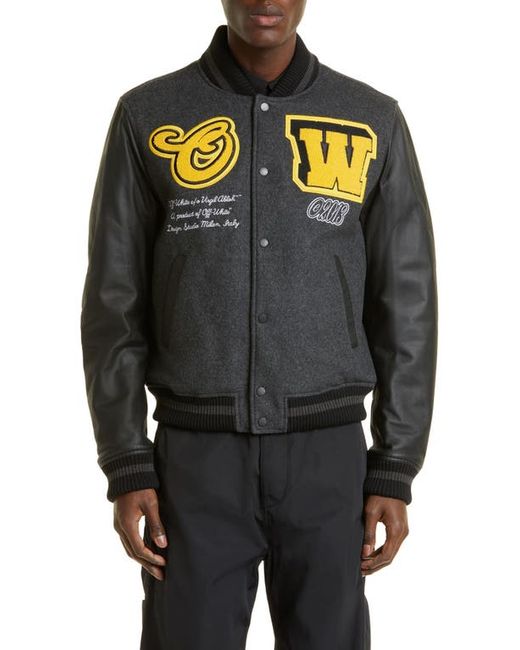 Off-White Cat Wool Blend Leather Varsity Jacket in at
