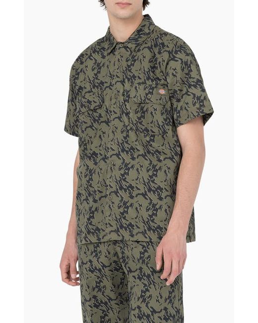 Dickies Drewsey Camo Print Short Sleeve Button-Up Work Shirt in at