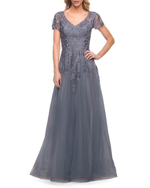 La Femme Embroidered Tulle A-Line Gown in at