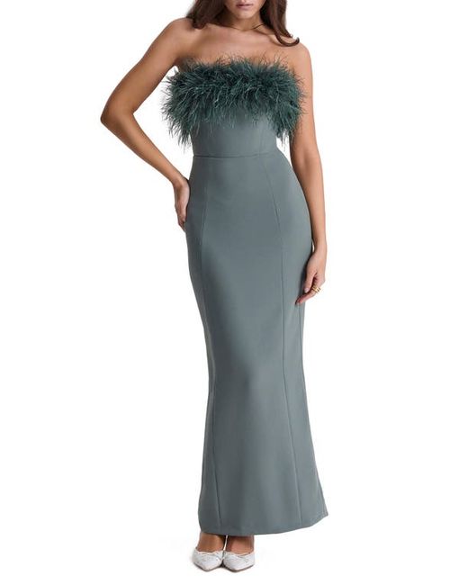 House Of Cb Strapless Feather Bodice Crepe Maxi Dress in at