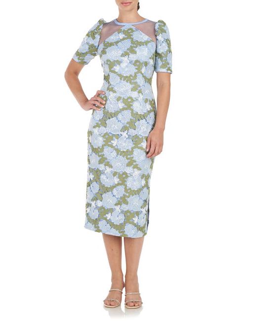 JS Collections Natalie Tea Length Sheath Dress in Hydrangea/Fern at