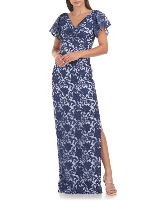 JS Collections Aurora Flutter Sleeve Column Gown in Hydrangea/Navy at