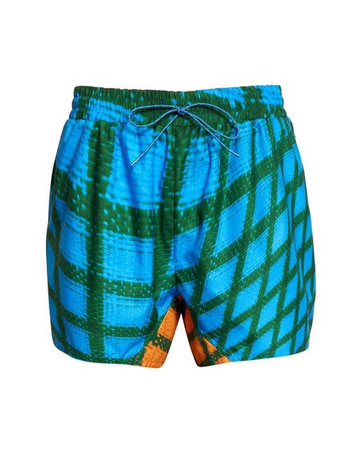 Bianca Saunders Wosh Warped Grid Drawstring Shorts in Blue/Orange Print at