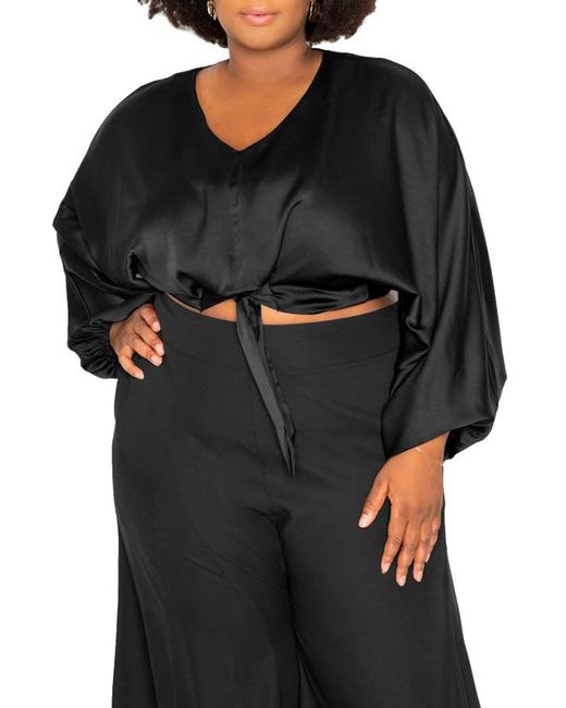 Buxom Couture Tie Front Long Sleeve Satin Blouse in at