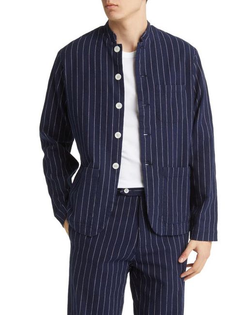 Original Madras Trading Company Pinstripe Band Collar Cotton Jacket in Navy/White at