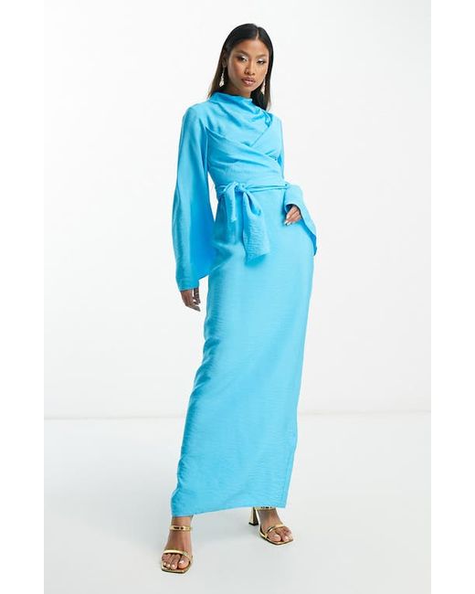 Asos Design Funnel Neck Long Sleeve Faux Wrap Maxi Dress in at