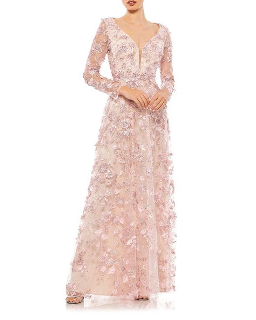 Mac Duggal Floral Appliqué Long Sleeve Lace A-Line Gown in at