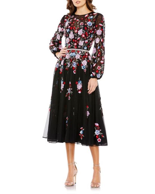 Mac Duggal Sequin Floral Long Sleeve A-Line Dress in at