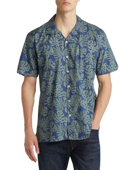 North Sails Leaf Print Short Sleeve Cotton Button-Up Shirt in Blue at