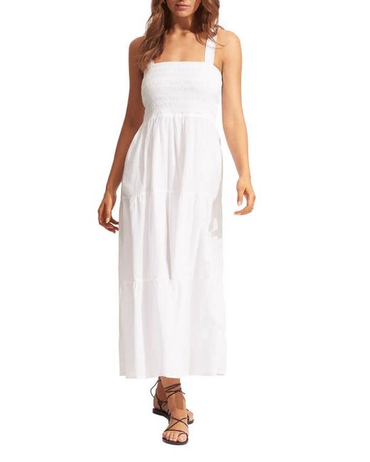 Seafolly Beach House Smocked Cotton Cover-Up Dress in at