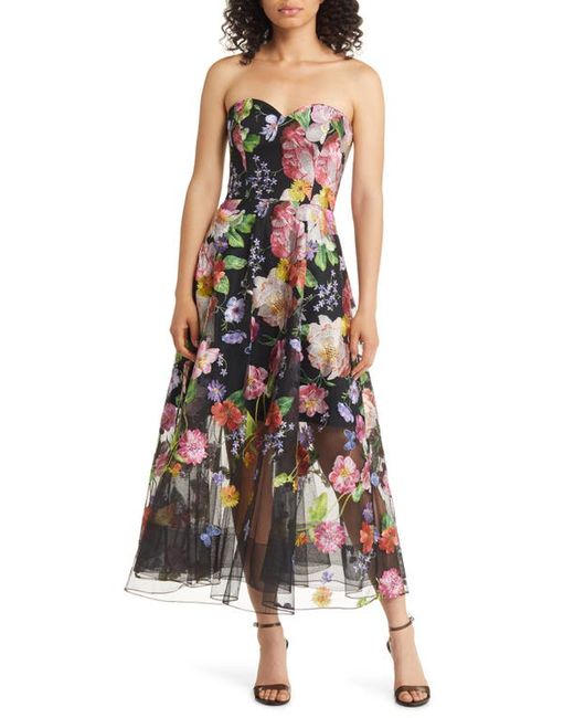 Marchesa Notte Floral Embroidered Strapless Cocktail Dress in Black at
