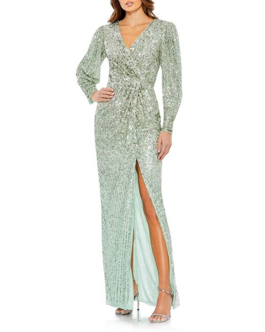 Mac Duggal Sequin Wrap Bodice Long Sleeve Gown in at