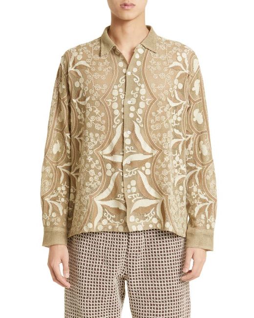 Bode Filet Filigree Embroidered Mesh Button-Up Shirt in at