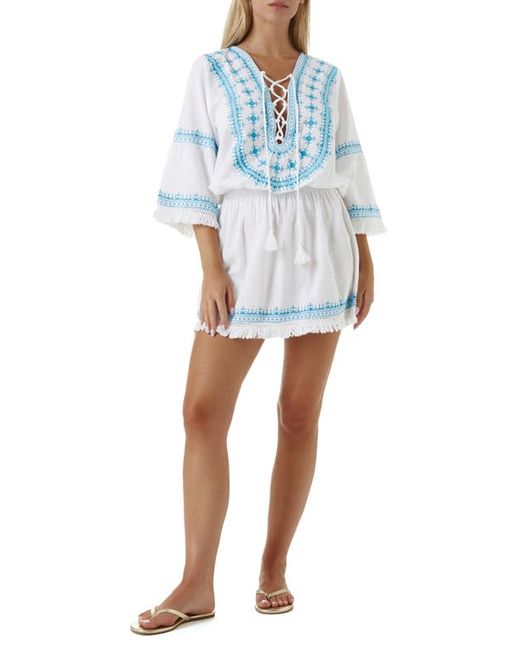 Melissa Odabash Martina Embroidered Lace-Up Linen Cotton Cover-Up Dress in Aqua at